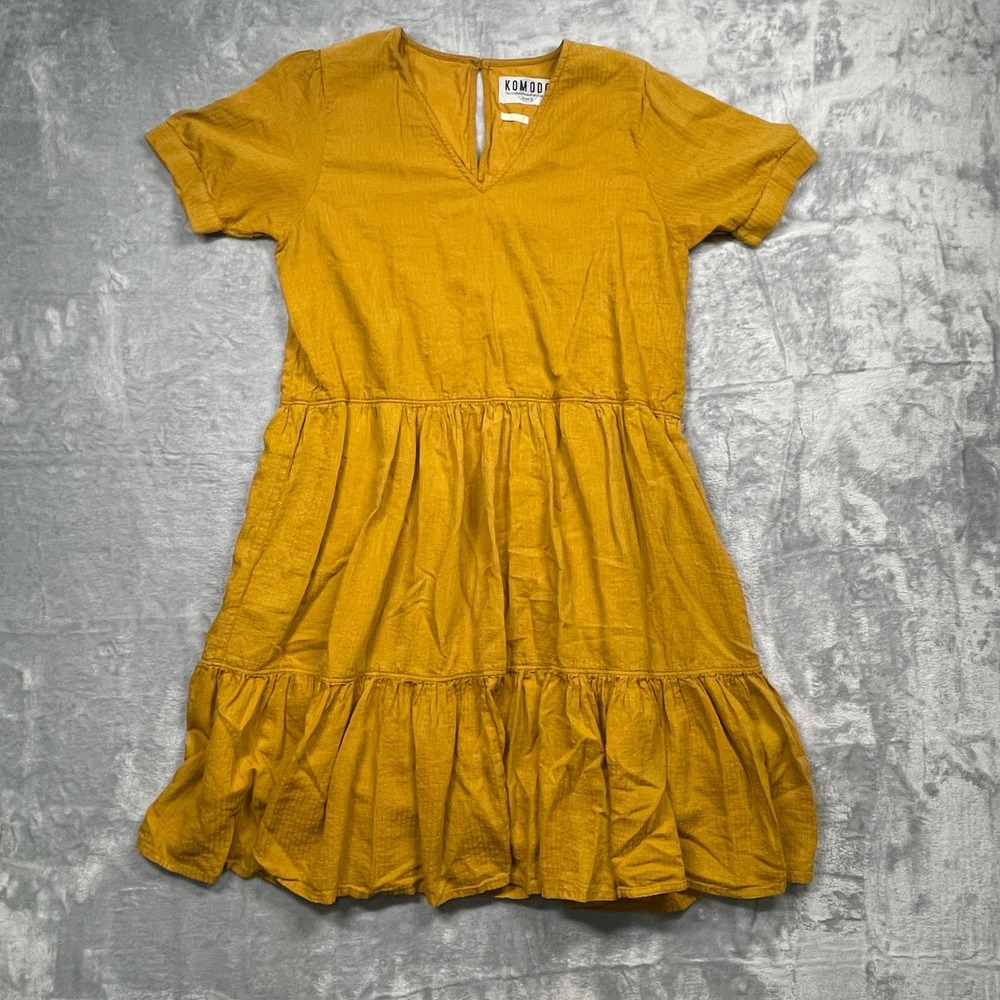 Komodo Tiered Mini Dress Women Size 3 Mustard Yellow 100% Banana Fiber Striped